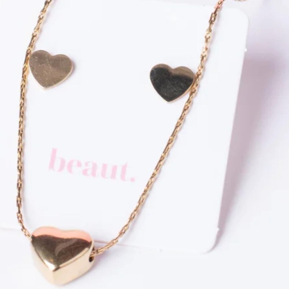 BEAUT Gold Heart Necklace & Earrings Set & Beaut Hair Accessories Bundle